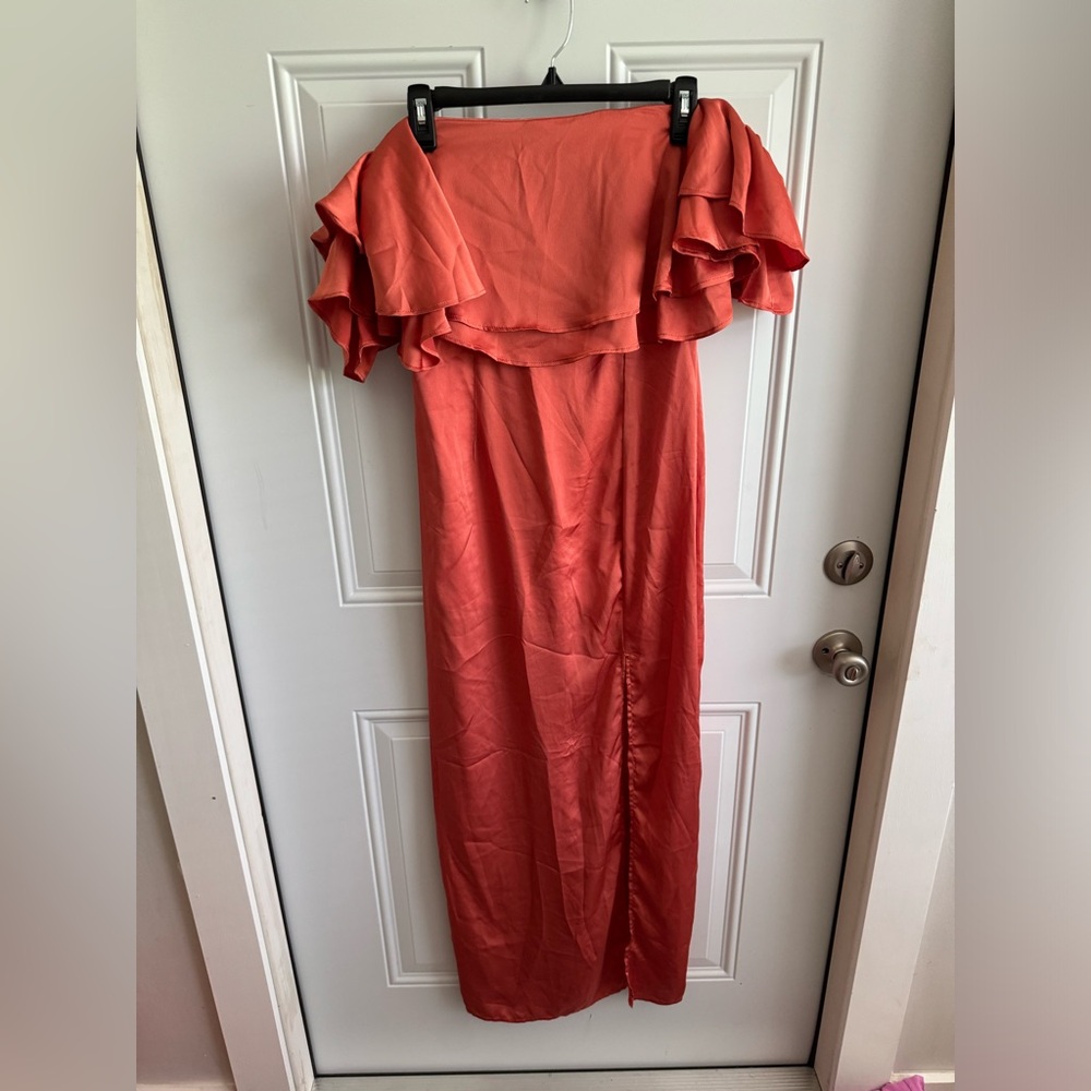 Orange Ruffled Off-Shoulder Midi Gown